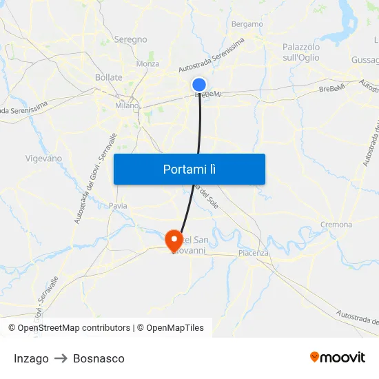 Inzago to Bosnasco map