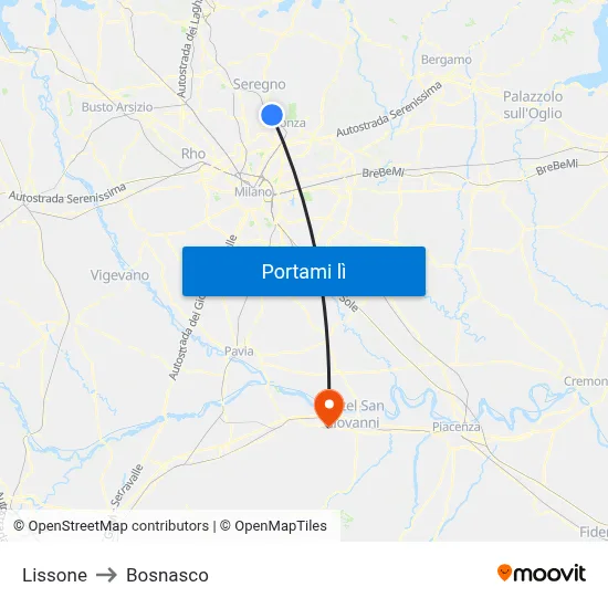 Lissone to Bosnasco map