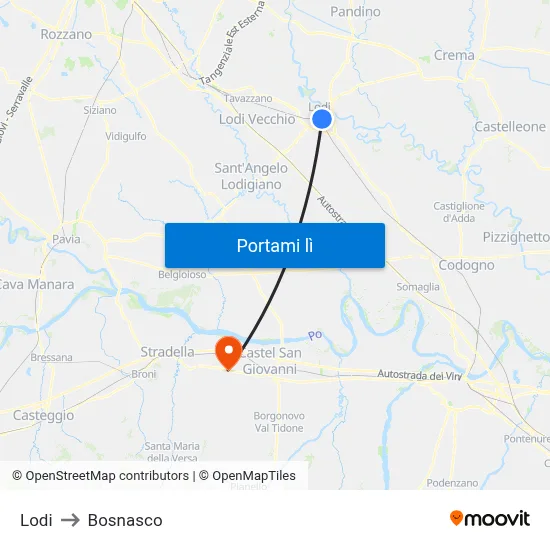 Lodi to Bosnasco map