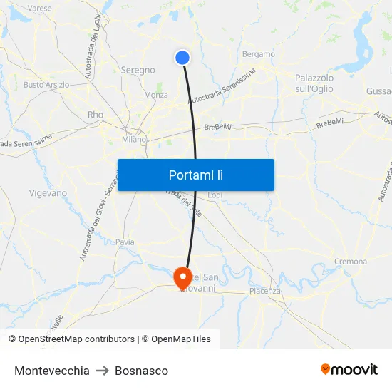 Montevecchia to Bosnasco map