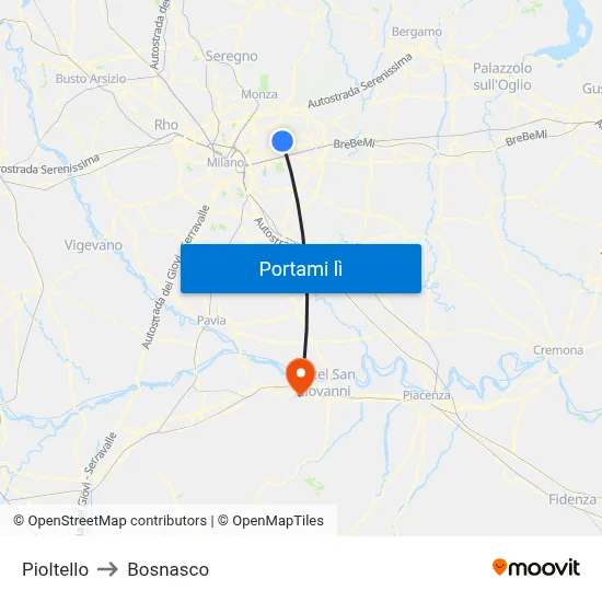 Pioltello to Bosnasco map