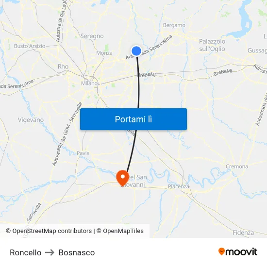 Roncello to Bosnasco map