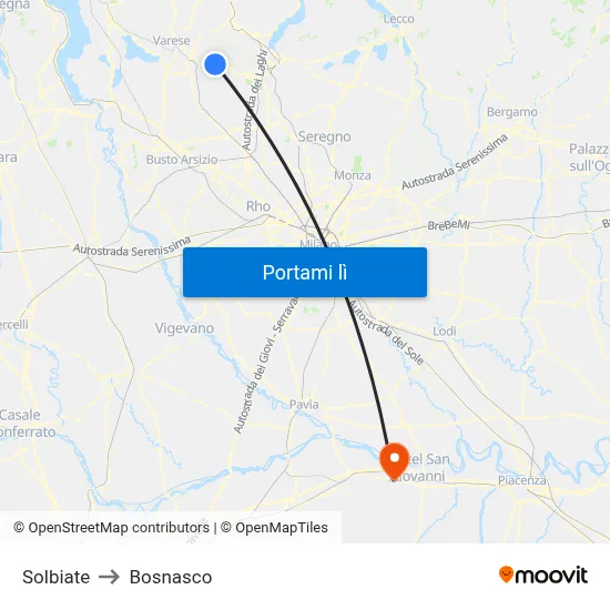 Solbiate to Bosnasco map