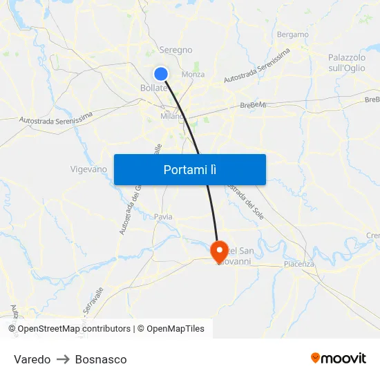 Varedo to Bosnasco map