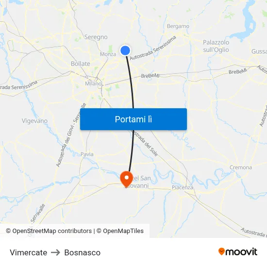 Vimercate to Bosnasco map
