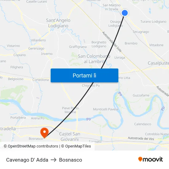 Cavenago D' Adda to Bosnasco map