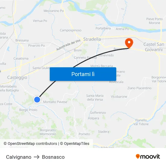 Calvignano to Bosnasco map