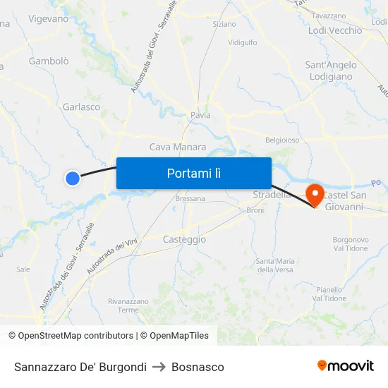 Sannazzaro De' Burgondi to Bosnasco map