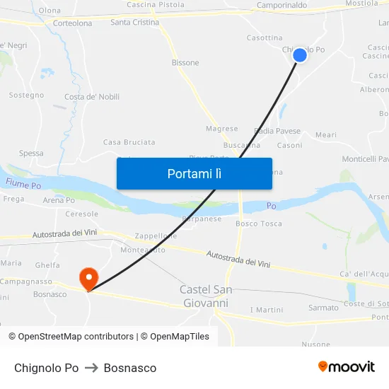 Chignolo Po to Bosnasco map