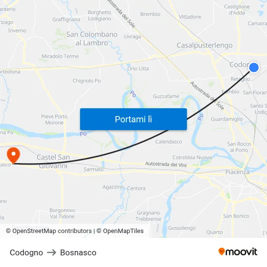 Codogno to Bosnasco map