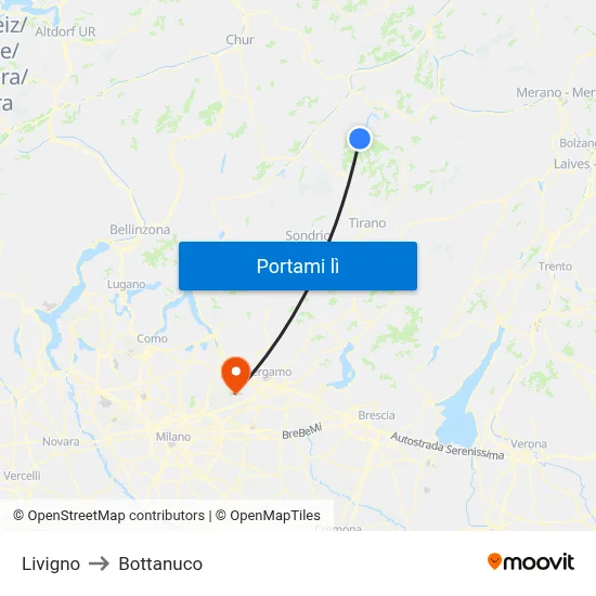 Livigno to Bottanuco map