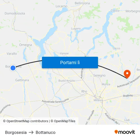 Borgosesia to Bottanuco map