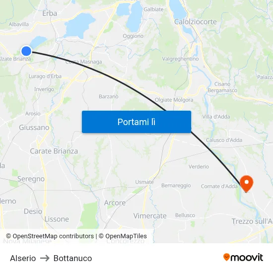 Alserio to Bottanuco map