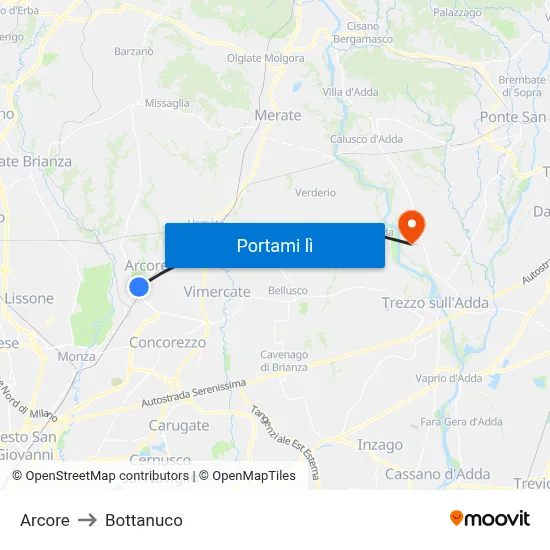 Arcore to Bottanuco map