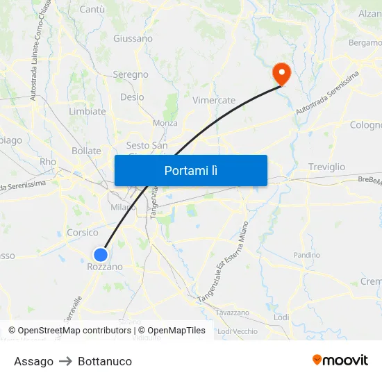 Assago to Bottanuco map
