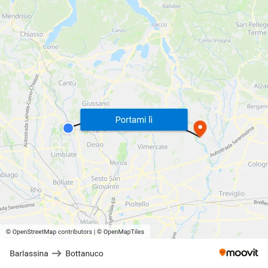 Barlassina to Bottanuco map