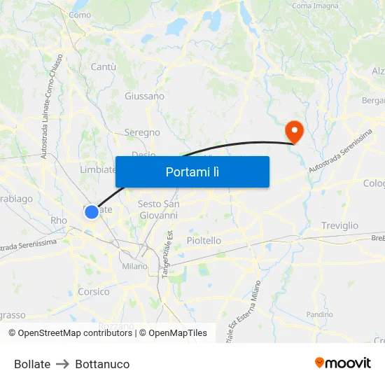 Bollate to Bottanuco map