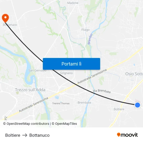 Boltiere to Bottanuco map