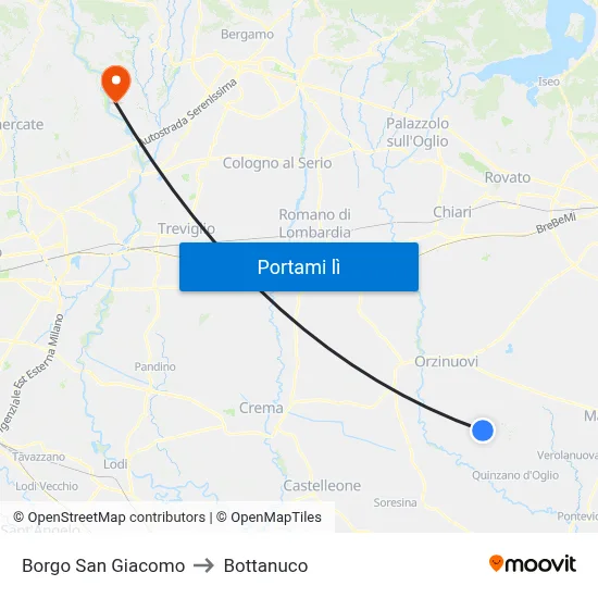 Borgo San Giacomo to Bottanuco map