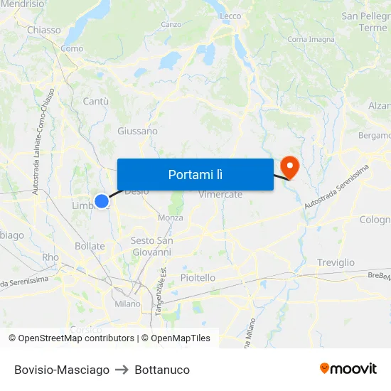 Bovisio-Masciago to Bottanuco map