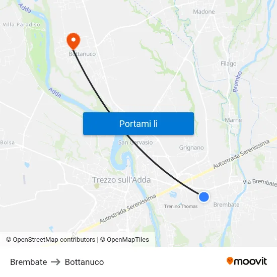 Brembate to Bottanuco map