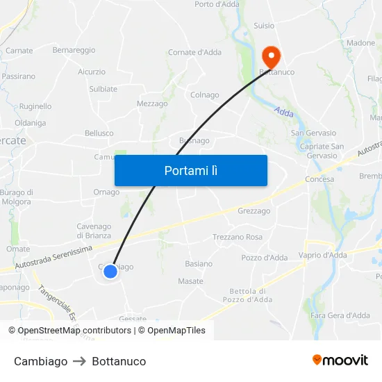 Cambiago to Bottanuco map
