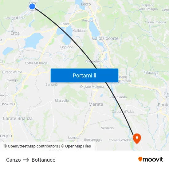 Canzo to Bottanuco map