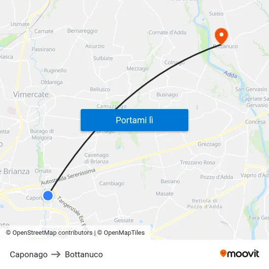 Caponago to Bottanuco map