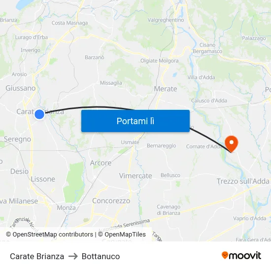 Carate Brianza to Bottanuco map