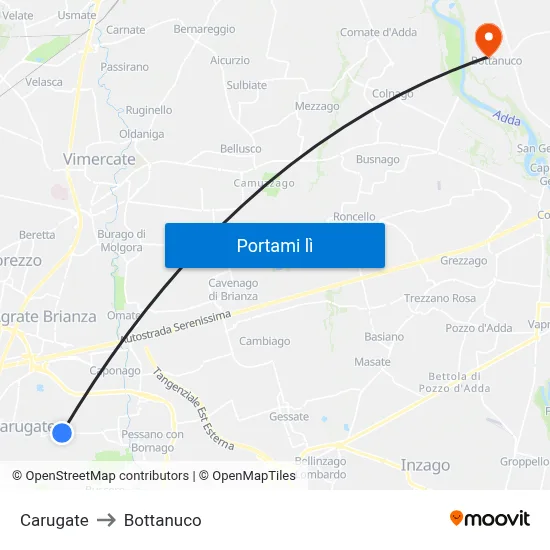 Carugate to Bottanuco map