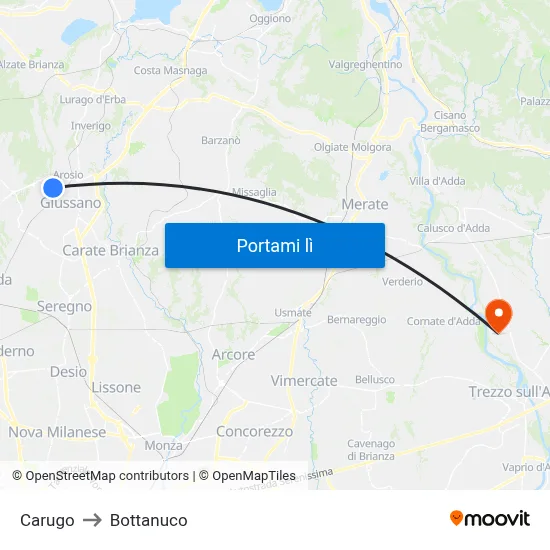 Carugo to Bottanuco map