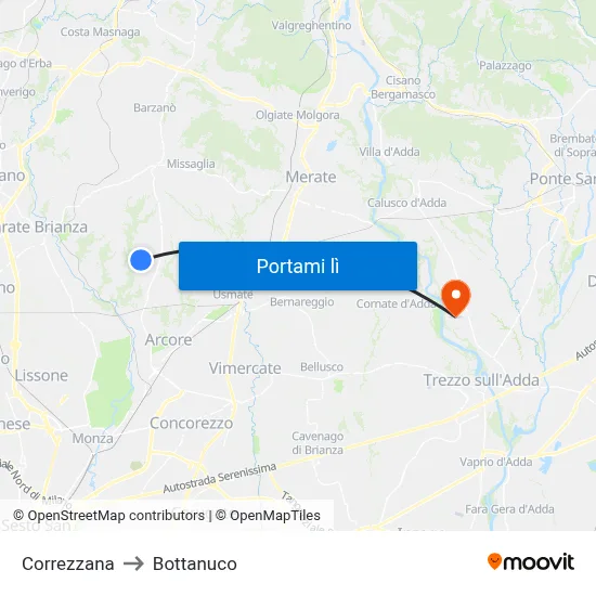 Correzzana to Bottanuco map