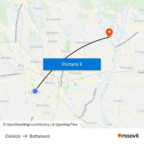 Corsico to Bottanuco map