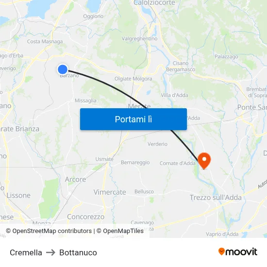 Cremella to Bottanuco map