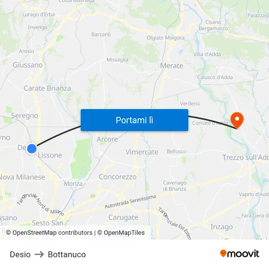 Desio to Bottanuco map