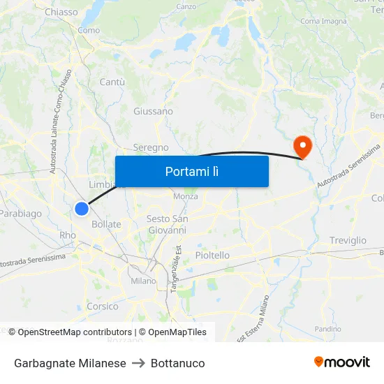 Garbagnate Milanese to Bottanuco map