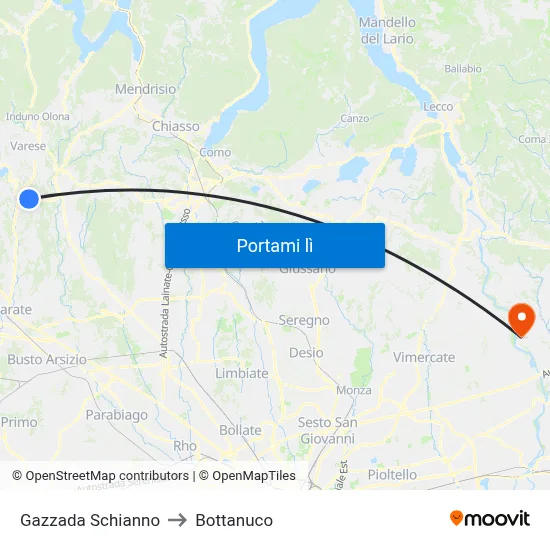 Gazzada Schianno to Bottanuco map