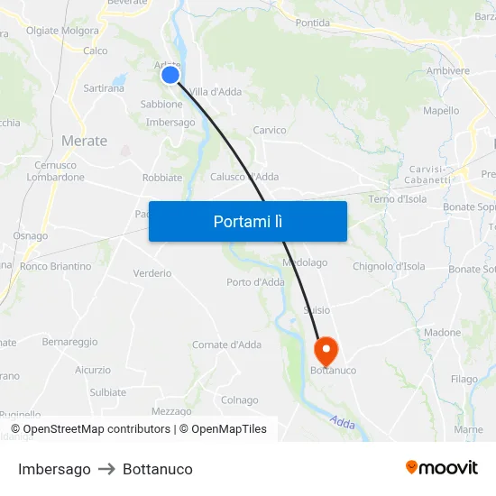 Imbersago to Bottanuco map