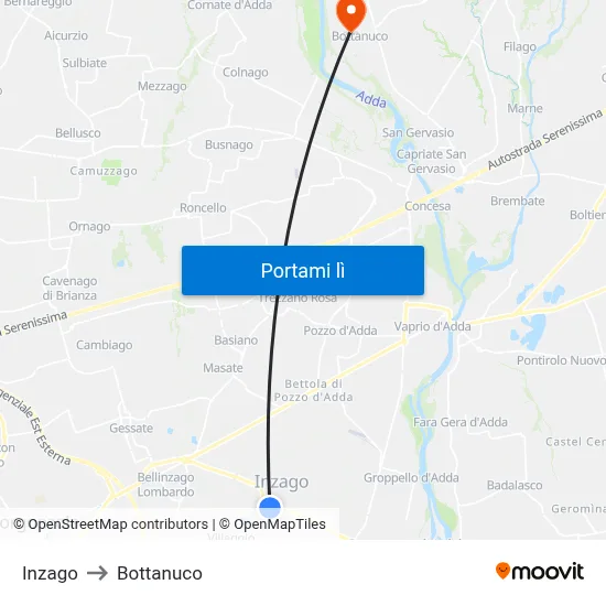 Inzago to Bottanuco map