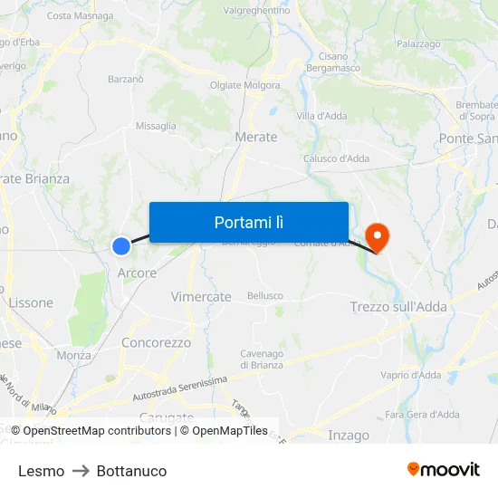 Lesmo to Bottanuco map