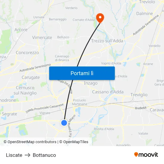 Liscate to Bottanuco map