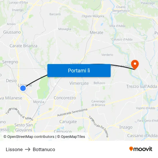 Lissone to Bottanuco map