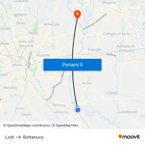 Lodi to Bottanuco map