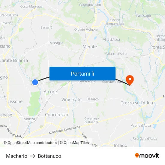 Macherio to Bottanuco map