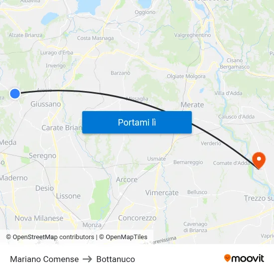 Mariano Comense to Bottanuco map