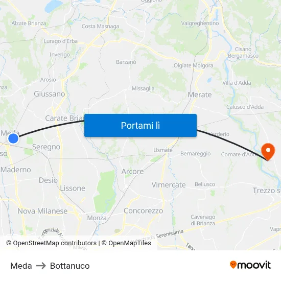 Meda to Bottanuco map