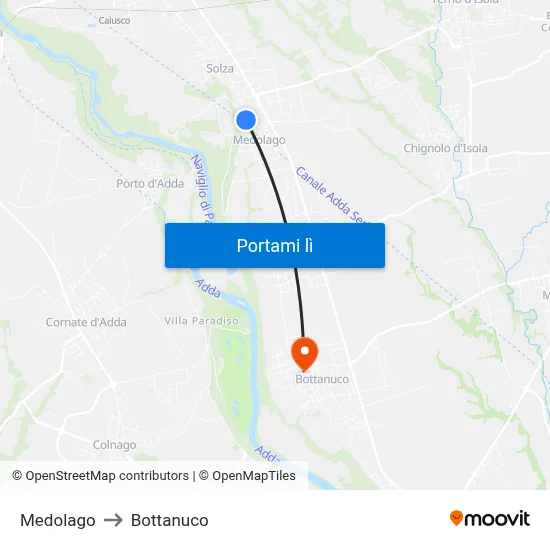 Medolago to Bottanuco map