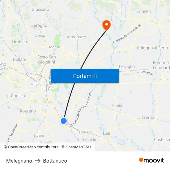 Melegnano to Bottanuco map