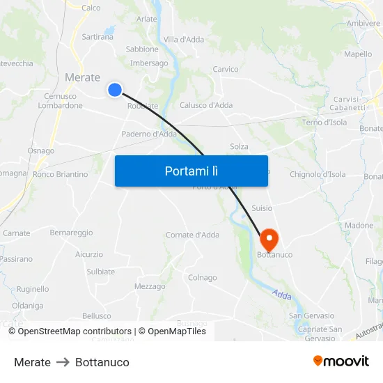 Merate to Bottanuco map