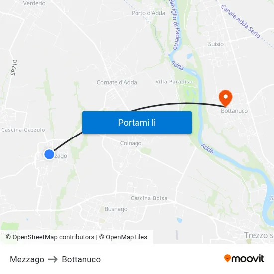 Mezzago to Bottanuco map